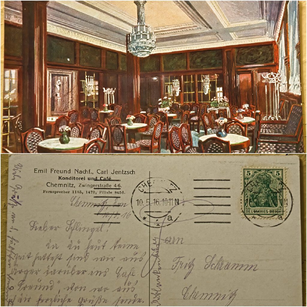 Postkarte von 1916 / Emil Freund Nachf. Carl Jentzsch / Konditorei und Café / Chemnitz, Zwingerstr. 4-6 (EFREUNA) (AR 03/2022)