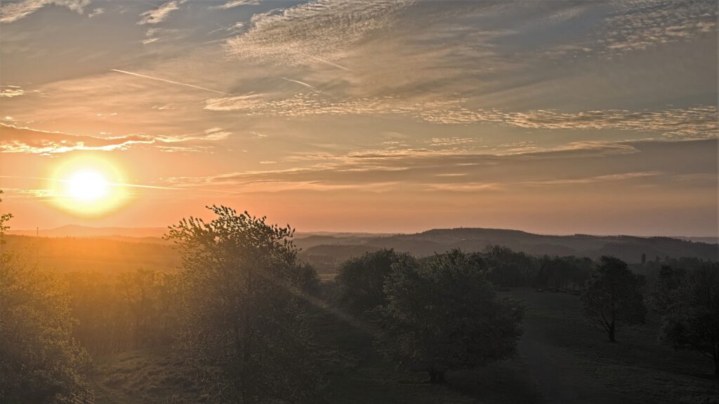 Früh morgens auf dem Mäuseberg am Weinfelder Maar und Gemündener Maar (Vulkaneifel) (AR 05/2022)