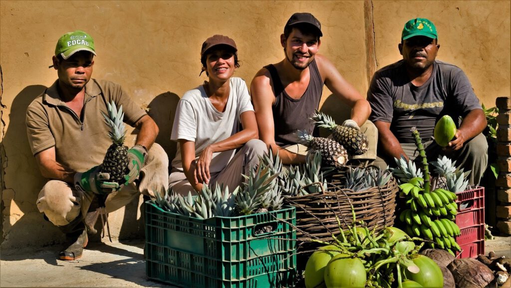 Das Team vom gemeinnützigen Verein Klimaretten e.V. präsentiert stolz die Ernte aus dem Agroforst (Bahia, Brasilien) (AR 10/2023)