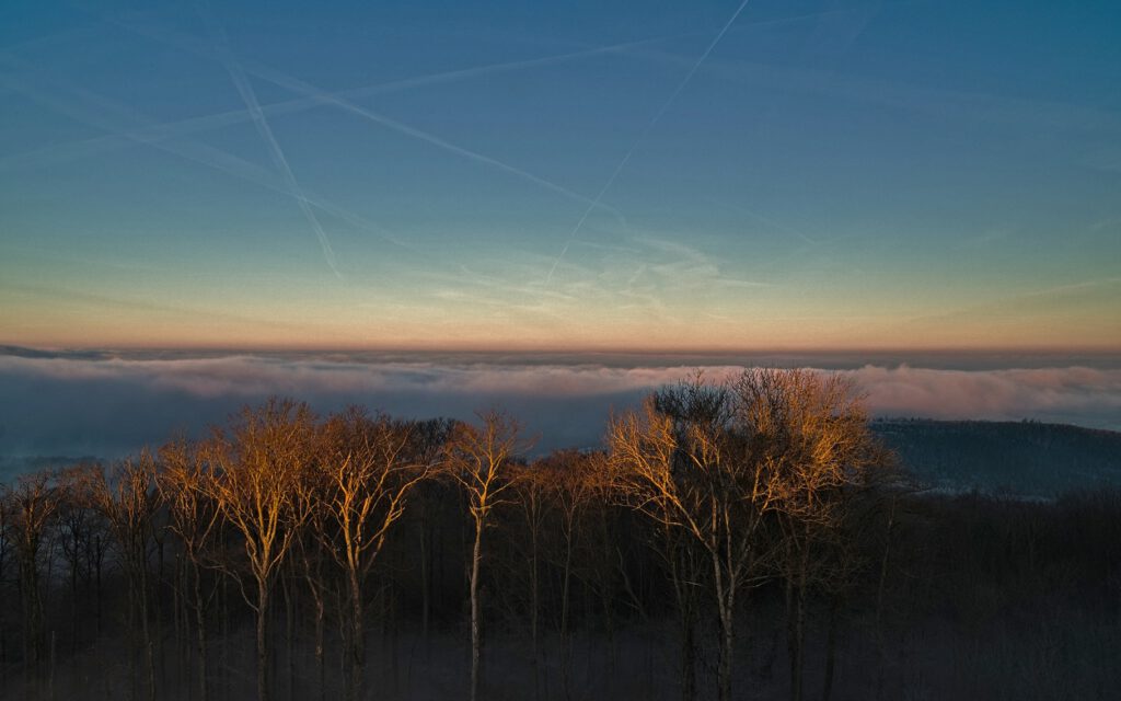 Naturschauspiel Inversionswetterlage vom Aussichtsturm Große Haube bei Motten, auf der Grenze des hessischen Landkreises Fulda und des bayerischen Landkreises Bad Kissingen aus gesehen (AR 12/2024)