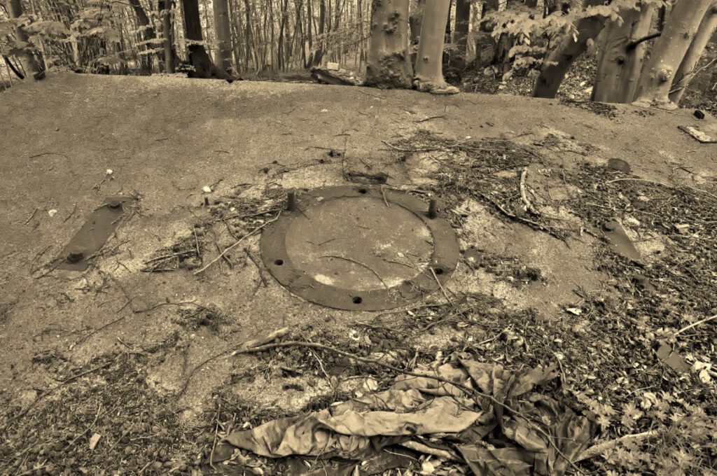 Runder Betonsockel mit Schraubenkranz einer früheren Küstenverteidigungsanlage der DDR oberhalb der Uferanlagen von Schloss Dwasieden