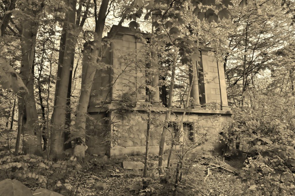 Fragmente Schloss Dwasieden im Wald nahe der Steilküste bei Sassnitz, Sandstein und Granit