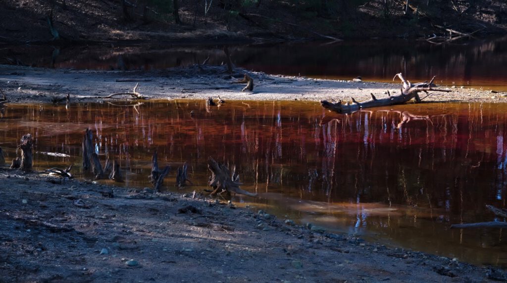 Rötlich gefärbtes Wasser eines Restlochs in ehemaligem Braunkohletagebau