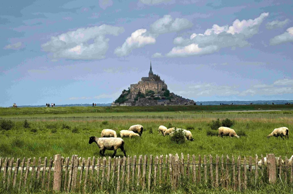 Abtei des Mont-Saint-Michel mit der vergoldeten Statue des Erzengels Michael auf der Turmspitze.