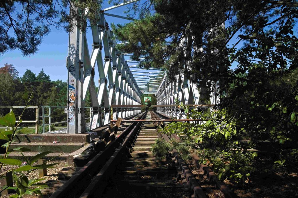 Stillgelegte Gleise führen durch die Vegetation zur Klinkerhafenbrücke in Oranienburg.