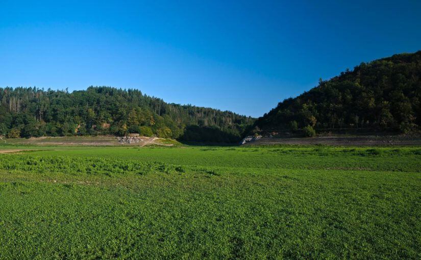 Freigelegter Talboden zwischen bewaldeten Hängen bei Asel